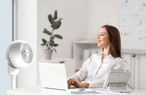 Kobieta pracująca w biurze przy wentylatorze IDEAL FAN 1