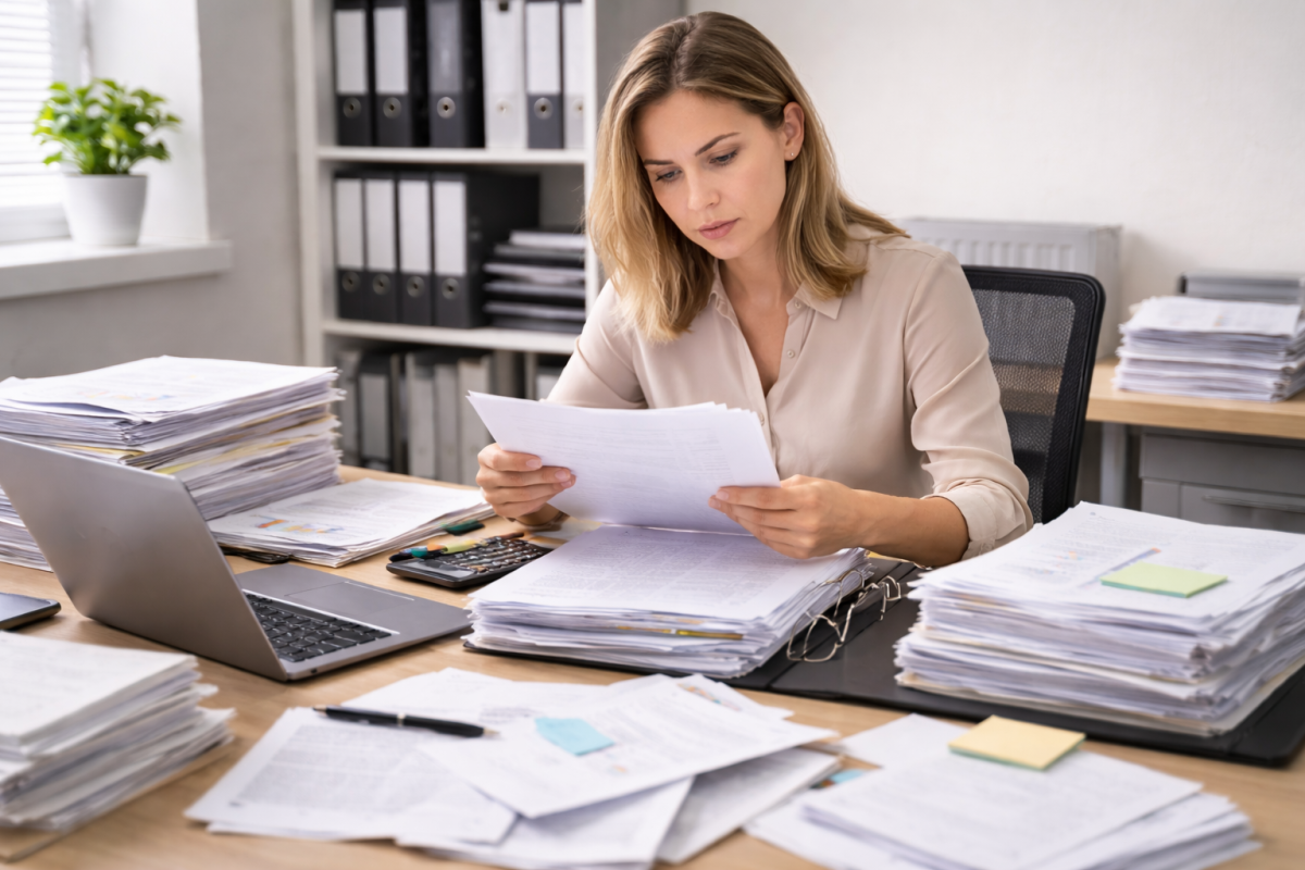 Pracowniczka biurowa przeglądająca dokumenty