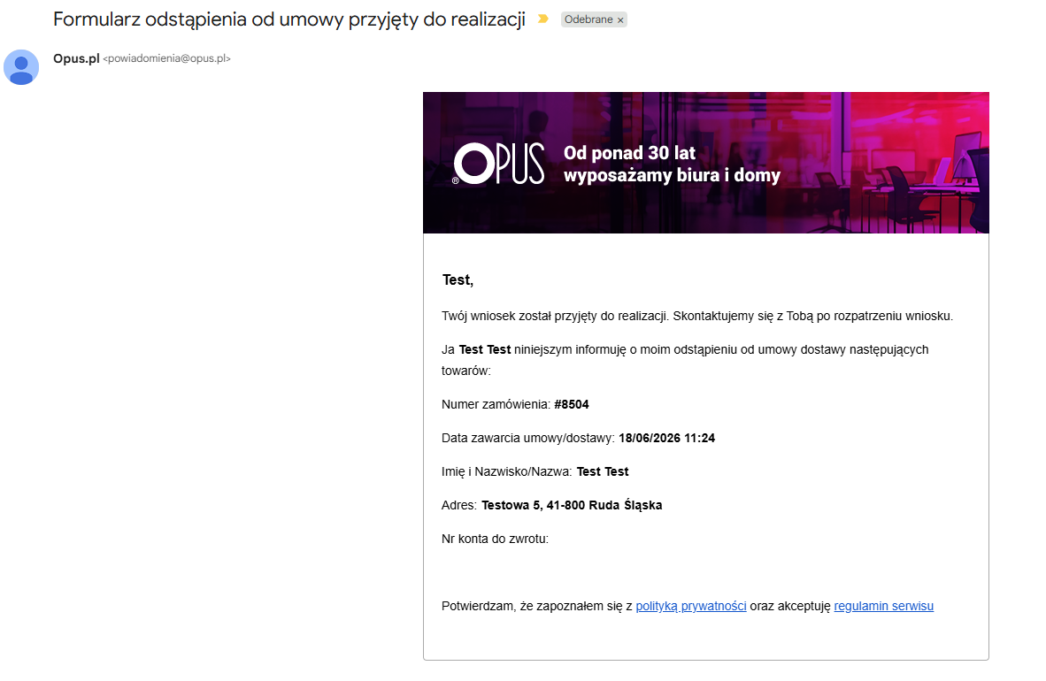 Wiadomość email potwierdzająca zwrot